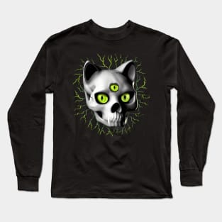 Cat Skull Three Eyes Creepy Surreal Horror Portrait Long Sleeve T-Shirt